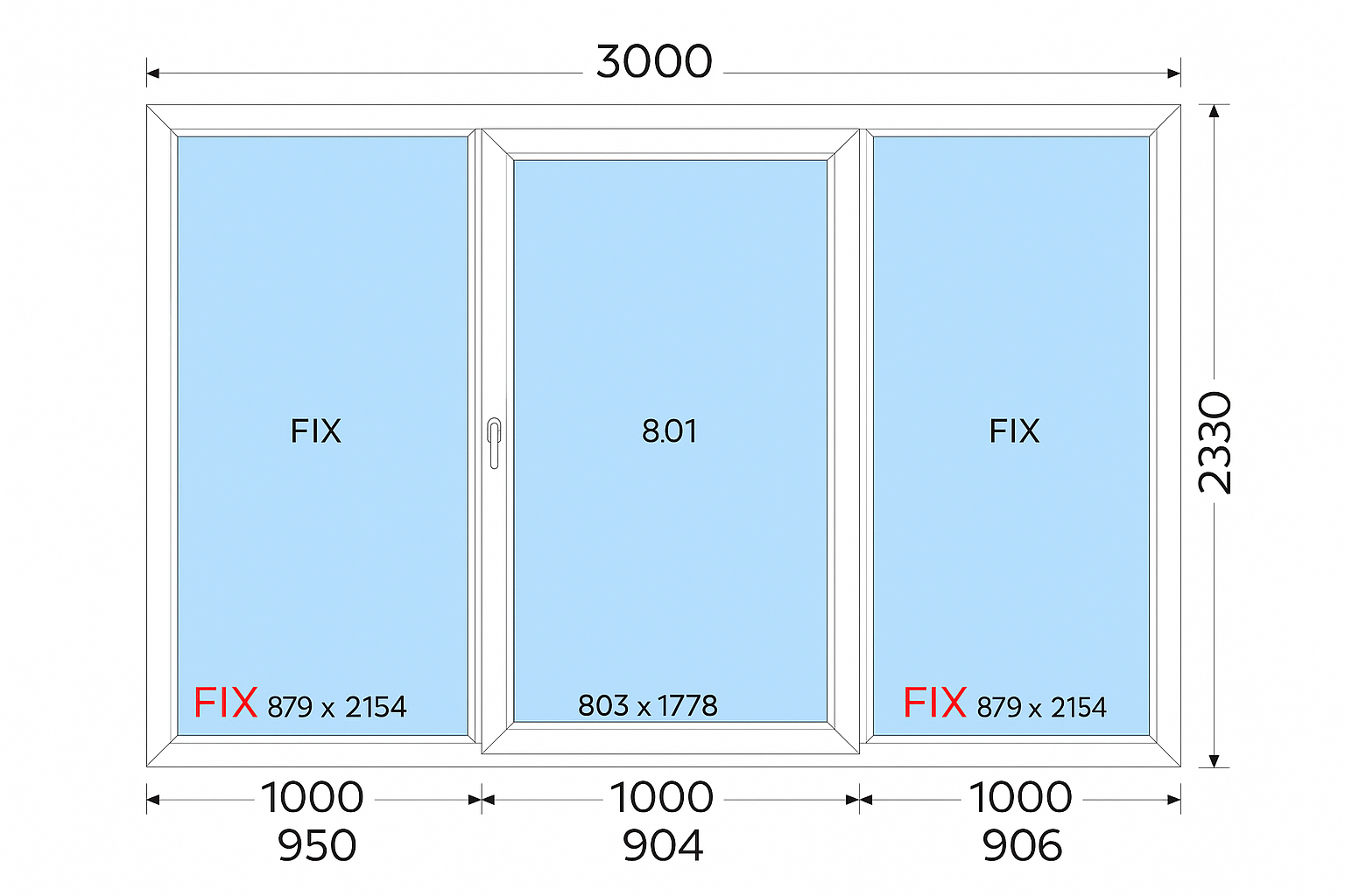 Drzwi balkonowe trzyskrzydłowe PCV 3000x2200 mm – układ FIX-RU-FIX